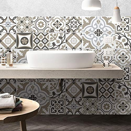 RE-COVERTILES - Autocollants Carrelage Salle de Bain et Cuisine 24 Pcs 10x10 cm - PS00213 Décoration murale en carrelage mosaïque PVC imperméable style carreaux de ciment Azulejos