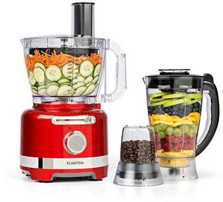 KLARSTEIN Luca - mixeur multifonction, hachoir cuisine râpe presse-agrumes robot culinaire, 1000 W, en continu, 6 modes, sans BPA, 3 litres, tasse à mesurer 3 l, spatule - rouge