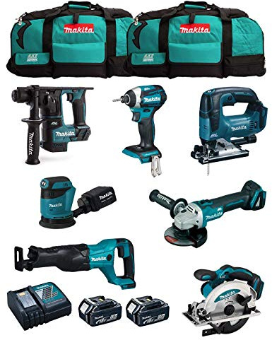 Kit MAKITA MK704 (DHR171 + DGA504 + DTD154 + DJR186 + DJV182 + DSS610 + DBO180 + 2 Batterien 5,0 Ah + Ladegerät + 2 x LXT600)