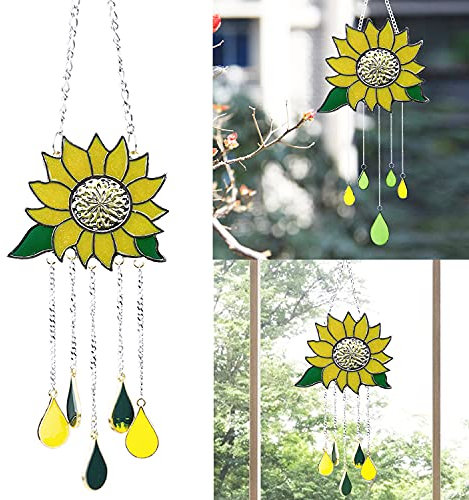 Sunflower Wind Chime Sun Flower Hanging Sign Dripping Pendant Stained Suncatcher Garden Ornament Decor For Outdoor Indoor Home Bedroom Living Room Window Corridor Yard Decoration