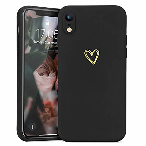 Wirvyuer Compatible with iPhone Xr Phone Cases for Girls Women Silky Soft Protective Shockproof Silicone Cases with Cute Gold Heart Pattern Design Black Cover