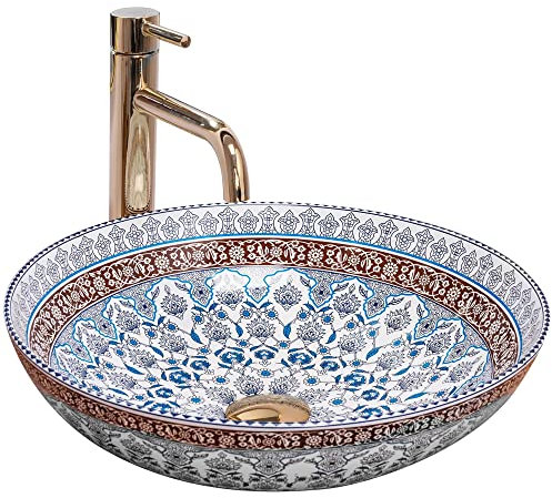 Rea Vasque à Poser Arte Blue, Ovale, Pour Salle De Bain, Lavabo Ou Lave-Main Pour WC, En Céramique, Colorée, Motif Oriental, 400 x 400 x 115 mm