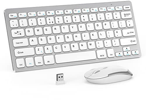 Compact Wireless Keyboard and Mouse Combo, 2.4G Portable Small Cordless Keyboard & Mouse Set UK QWERTY Layout for PC Computer Laptop, White and Silver