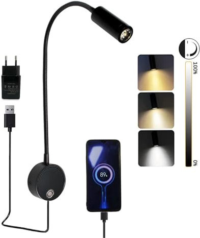 Aplique Pared LED Con Puerto USB, Lámpara de Lectura Montada en Pared, Interruptor Táctil, Cuello de Cisne Regulable, Luz Flexible Para Dormitorio