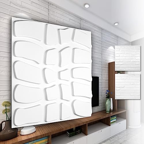HEXIM 3D Wandpaneele, PVC Kunststoff weiß - Steinoptik Design Paneele 50x50cm Wandverkleidung (5QM HD065) Mauerplatten Maueroptik Deckenpaneele