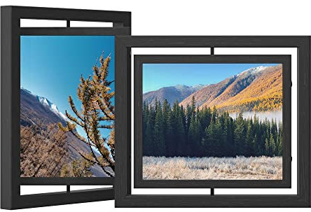SONGMICS Bilderrahmen, 2er Set, drehbarer Fotorahmen für 8 x 10 Zoll Bilder, Schwenkbarer Bilderrahmen, Doppelglas, für Tischdisplay oder Wandbehang, MDF, Schwarz URPF281B01