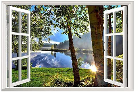 Lichi Adhesivo realista de pared en 3D junto al lago, adhesivo decorativo para ventana, vista al bosque, paisaje natural, decoración autoadhesiva, mural para dormitorio, baño, sala de estar