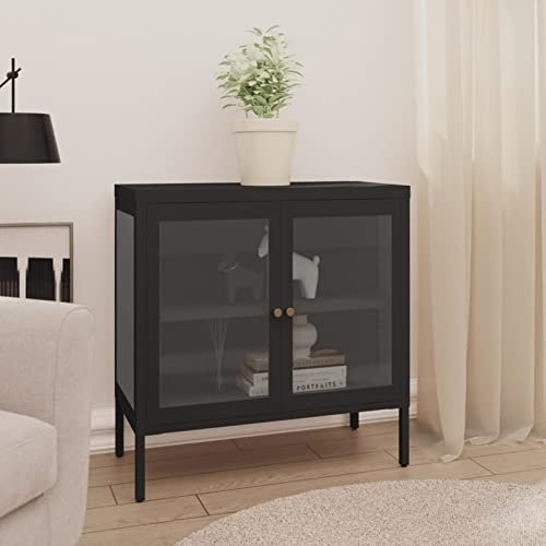 Gecheer Sideboard Vitrinenschrank Bücherschrank mit Fächern & Türen Wohnzimmerschrank Büroschrank DVD-Schrank Aufbewahrungschrank Aktenschrank Schwarz 70x35x70 cm Stahl und Glas