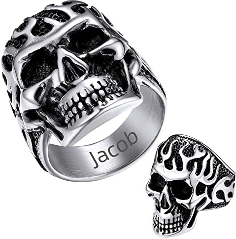 GoldChic Herren Flamme Totenkopf Ring mit Textgravur 316L Edelstahl Männer Biker Skull Statement Ring Punk Hip Hop Schädel Siegelring in Silber Ringgröße 70（22.3） Geschenke für Geburtstag Halloween