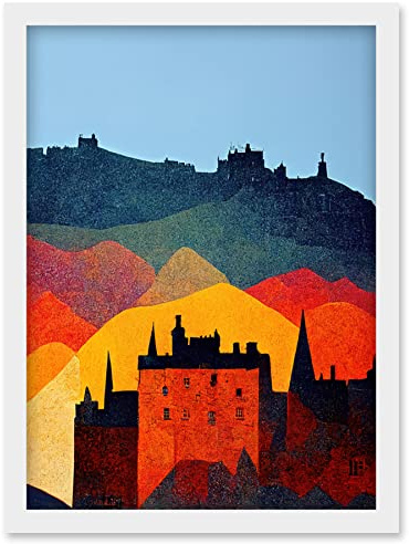 Wee Blue Coo Edinburgh in Autumn Scotland Scottish Modern Folk Art Multi Coloured Cityscape Artwork Framed Wall Art Print A4