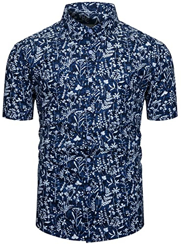 fohemr Mens Floral Print Shirt Short Sleeve Casual Flower Pattern Button Down Hawaiian Summer Shirt Cotton Navy Blue X-Large
