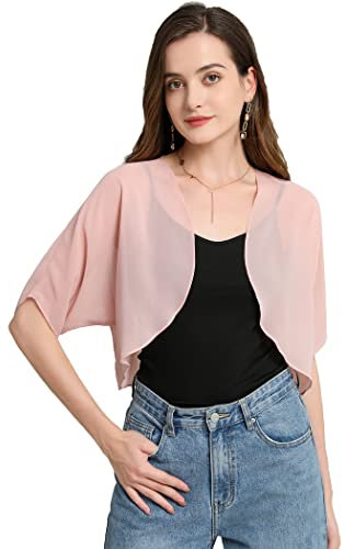 Zudanal Shurg Bolero für Damen, weicher Chiffon, durchscheinend, vorne offen, kurze Ärmel, Strickjacke für Abendkleid, Blush, Klein