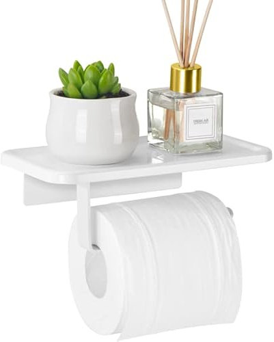 Sharharge Matte Toilet Paper Holder with Shelf Toilet Paper Roll Holder Self Adhesive & Screw Wall Mount Aluminum Tissue Roll Holder with Storage for Bathroom Washroom (White), 19.6x10.5x5cm