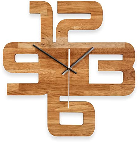 Kreative Feder Designer-WANDUHR „Time“ aus hochwertigem EICHENHOLZ mit Zeigern aus gebürstetem Aluminium - Designeruhr mit flüsterleisem Uhrwerk (leises Funkuhrwerk, Eiche)