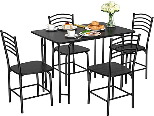 COSTWAY Table à Manger avec 4 Chaises, Ensemble Table et 4 Chaises avec Repose-Pieds, Cadre en Métal, Surface en Faux Marbre, pour Salle à Manger, Cuisine, Salon, Noir