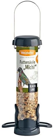 Welzhofer Vogel Futtersäule Black Line Michi - Vogelfutterspender & Futterstation für Wildvögel - 2 Sitzringe, 1 Liter Kapazität, 69mm Innendurchmesser für alle Futterarten, Metallbeschläge