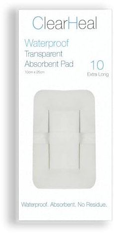 Waterproof Sterile Plaster Transparent Adhesive Bandages 10cm x 25cm x 10pcs Film Dressings Second Skin Breathable Swimming Wounds HRT Cesarian C Section Scar (Long with Pad)