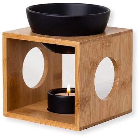 rooted.® | Duftlampe Bamboo Teelicht | Design Aromalampe aus Bambus und Keramik | Holz-Stövchen für ätherische Öle, Duftöl und Duftwachs | Natur u. Matt Schwarz | Deutsche Markenqualität