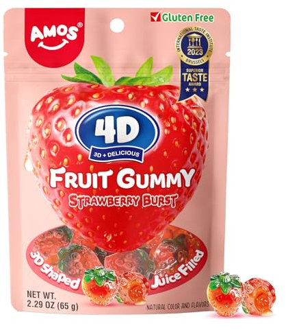 Amos 4D Fruchtgummi Mit Erdbeeren, Süßigkeiten Mit Natürlichem Erdbeeren, 65g Beutel (3er Pack)