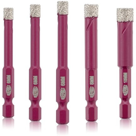 QUEFORET Brocas de Diamante - 5 Piezas 6/6/6/8/10mm Brocas de Corona para Cerámica Porcelánico Azulejos Mármol Granito, Mango Hexagonal de Cambio Rápido