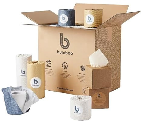 Bumboo Bamboo Toilet Roll, Kitchen Towel & Face Tissue 33 Pack |27 x Wrapped 3 ply Toilet Paper| 3 x Wrapped 2 ply Kitchen Towels | 3 x Unbleached Facial Tissue Cubes