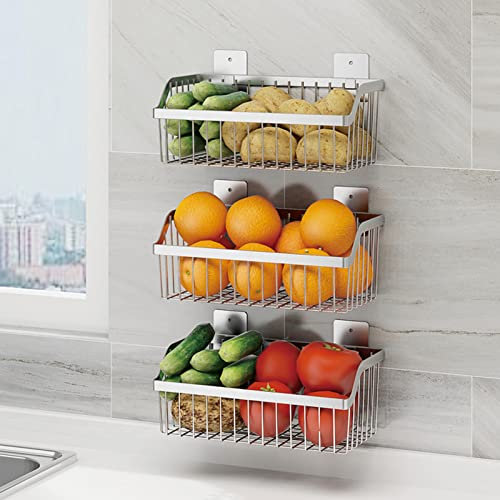 Fruteros Estante for frutas y verduras montado en la pared, cesta de almacenamiento de frutas y verduras de 3 niveles, cesta apilable de frutas de acero inoxidable, cestas de almacenamiento de alambre