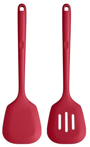 U-Taste 34,5 cm extra lange Pfannenwender aus Silikon, 315 ℃ hitzebeständiger solider und geschlitzter Küchenspatel, BPA-freier Küchenhelfer zum Braten Wenden von Fisch Pfannkuchen (Rot, 2 Stück)