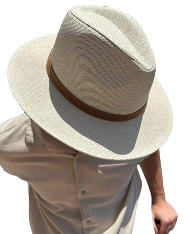 Sombrero Blanco Hombre De Paja Protección Solar Panama Pamela Playa Verano Esparto Gorra para Sol Visera Enrollable con Tira Ajustable Marrón Piel