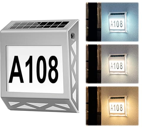 YUNYODA Numero civico illuminato a energia solare, numero civico illuminato con 3 modalità di luce 6500 K/4500 K/3200 K, numero civico solare in acciaio inox per esterni, impermeabile, targa per porta