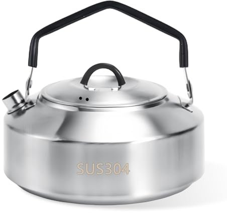 BORDEAG Wasserkessel, 1 Liter Tragbarer Flötenkessel, Camping Wasserkocher mit Griff, Edelstahl Teekessel für Gasherd, Elektroherd und Induktionsherd für Zuhause, Camping, Pinic und Outdoor (Silbern)