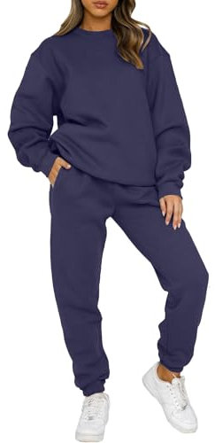 Yutdeng Tuta da Donna Foderato in Pile Completo Sportivo 2 Pezzi Manica Lunga Girocollo Pullover Felpa e Pantaloni Jogging Tute Tinta Unita Casual Outfit per Casa Palestra Yoga,Navy,L