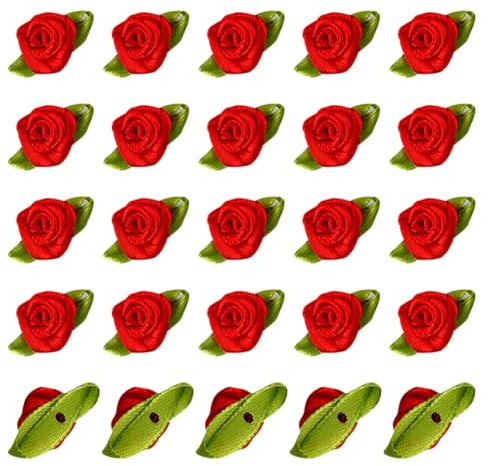 JIHUOO Lot de 100 petites roses en ruban pour travaux manuels, mini fleurs artificielles en satin, fleurs à coudre, décorations avec feuilles vertes rouges