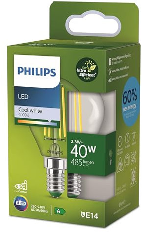 Philips Classic ultra-efficient LED ampoule classe énergétique A, équivalent 40W, drop shape, culot E14, clair, éclairage blanc neutre (4000K), nouvelle génération