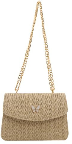 TOFBS Schultertasche für Damen Clutch Stroh Schmetterling Quadratische Strohtasche mit Kette Sommer Umschlag für Sommer Strand Damenreisen Urlaub(Khaki)