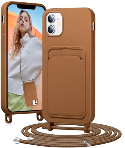 BENTIACC Handykette Silikon Hülle für iPhone 11 mit Band, Handyhülle mit Kartenfach, Abnehmbar Kordel Kette, Stoßfeste Schutzhülle für iPhone 11 (Gelb-braun)