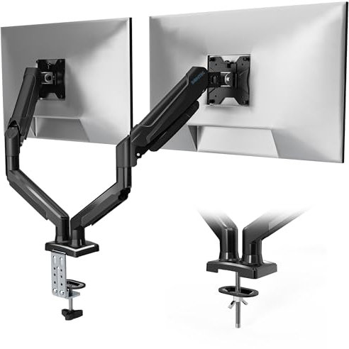 BONTEC Dual Monitor Stand, Adjustable Gas Spring Arms Monitor Desk Mount for 13-32 Inch Screens, VESA 75 & 100mm, 9KG Max Load, C Clamp, Grommet Base, Tilt, Swivel, 360° Rotation, Ergonomic Design