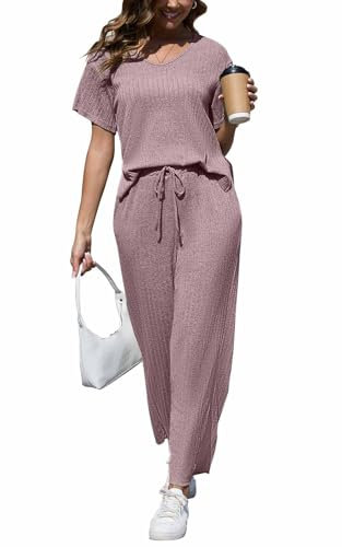 CheChury Zweiteiler Damen Lounge Set Rundhals Einfarbig Loungewear Gerippt Shirt Top Jogginghose Sets Kurzarm mit Hose 2-Teiliges Hausanzug Jogginganzug Sporthose Sleepwear Freizeit Outfit