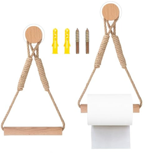 yotutun 2 Pièces Porte Papier Toilette, Support Papier Toilette Mural Auto Adhésif Corde en Bois Décoration Vintage Corde Industrielle Porte Rouleau pour Salle de Bain et Cuisine