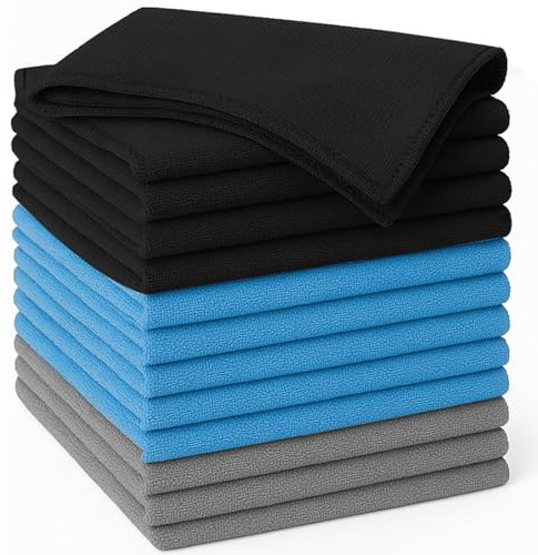 True Face Microfibre Cloth 12 Pack All-Purpose Cleaning Cloths for Cars, House, Kitchen, Windows, Soft & Absorbent Lint Free Streak Black,Grey,Blue-12 PK 30cm x 30cm