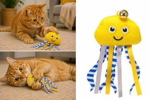 Flamingo Katzenspielzeug – Strellow Oktopus – 6,8cm – Textil – mit Glöckchen, Catnip & Bändern – gelb – Katzenspielzeug