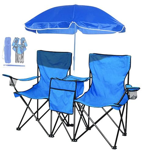 Sillas Plegables Camping Portatil con Sombrilla Tela Oxford 600D Silla Playa 130kg Reforzada Silla de Pesca Doble para Ocio, Playa, Camping, Pesca