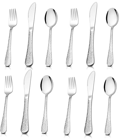 Herogo Kids Cutlery Set, 12 Pcs Stainless Steel Hammered Children Flatware | Hammered Handle Child Flatware Silverware Set, Non-Toxic, Proper Size and Smooth Edge, Mirror Polished, Dishwasher Safe