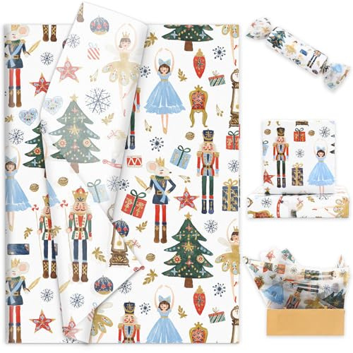 JarThenaAMCS 100 Blatt Weihnachts-Geschenkpapier aus Seidenpapier, Nussknacker, Geschenkpapier für Bastelarbeiten, Weihnachten, Urlaub, Geburtstag, Party, 35,6 x 50,8 cm