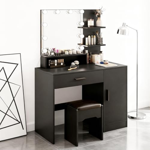 OOFAYJIA Schminktisch mit LED-Beleuchtung, 90 cm Breite in Schwarz & Holzoptik – Inkl. Spiegel & Hocker, Moderner Frisiertisch mit 1 Schublade & 2 Ablagen fürs Schlafzimmer