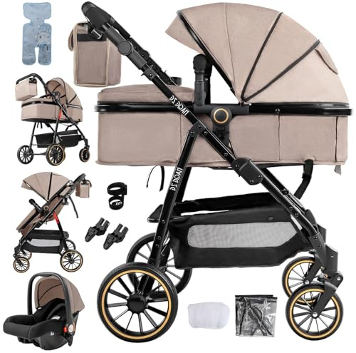 Veitoalioy Kinderwagen 3 in 1, Bequemer Multifunktionaler Kombikinderwagen 3 in 1 Komplettset, Aluminium Hohe Landschaft Babywagen Ein Fuß Bremsen, Faltbarer Kinderwagen Set (V8 Khaki)