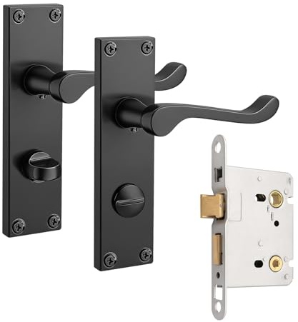 PinLin Bathroom Matte Black Door Handles, Elegant Door Handle Set, Victorian Scroll Door Lever with 57mm Sashlock Latch, Ideal for Internal Wooden Bathroom and Toilet Doors