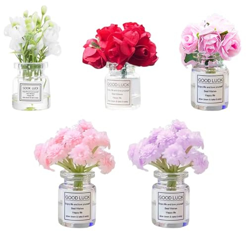 5 Stück Mini-Blumenvase, Auto-Armaturenbrett-Dekoration, niedlich, selbstklebend, mit künstlichen Blumen, Innen-Autozubehör