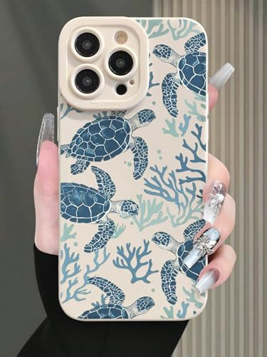 Phone Case for iPhone, Sea Turtle Pattern, Ocean Theme, Coral Design, Beige and Blue (iPhone 11,Multicolor)