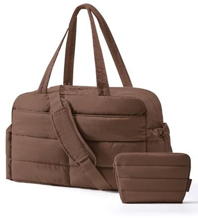 BAGSMART 31L Puffer Tote Gym Bag for Women, Weekender Overnight Organiser Personal Item Carry On Bag with Laptop Compartment, Travel Duffer & Trolley Sleeves - Coffee Brown