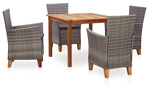 Owoxanthellate 5-TLG. Gartenmöbel Set Akazie & PE-Rattan 90 cm Tisch 4 Stühle Sitzgruppe Grau Modernes Design Robust Wetterfest Balkon Terrasse für Garten Balkon